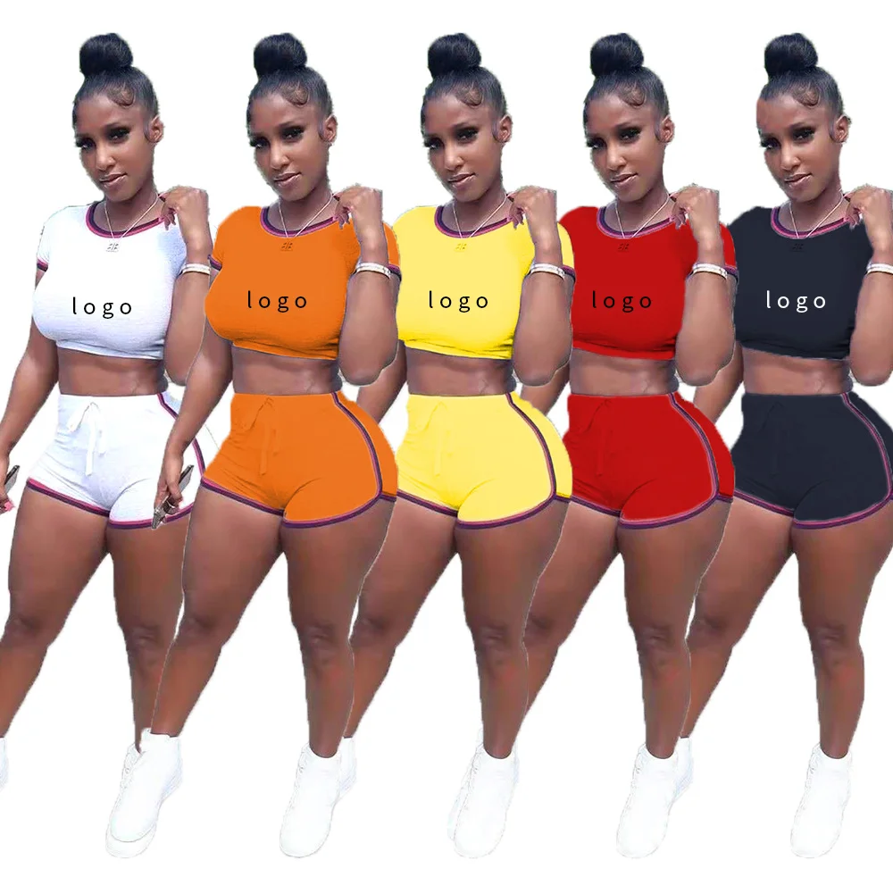 

wholesale custom logo women's solid color cotton fabric webbing sports slim shorts two-piece suit 2 piece set women