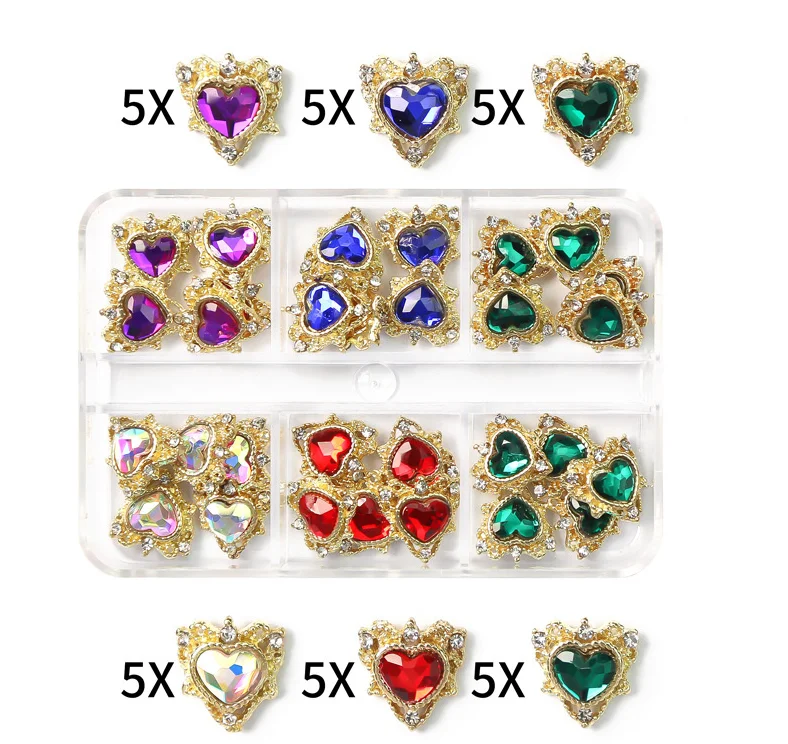 

SHIZHIXIU 6-grid Germ Jewelry Luxury 3D Nail Art Rhinestone Gold Metal Alloy Hearts Nail Charms accessories, Colorful