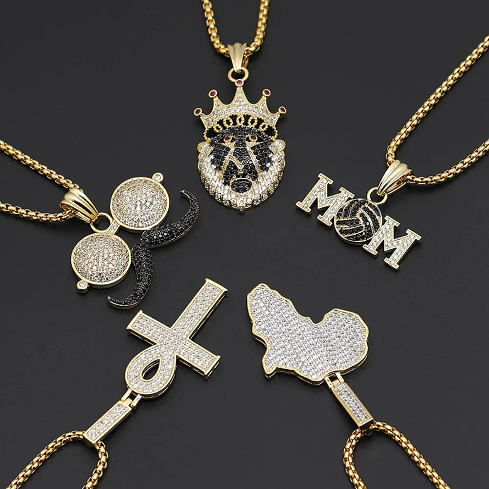 

Rapper jewelry bearded Africa map letters MOM Chief cubic zirconia real gold hip hop pendant necklace, Golden