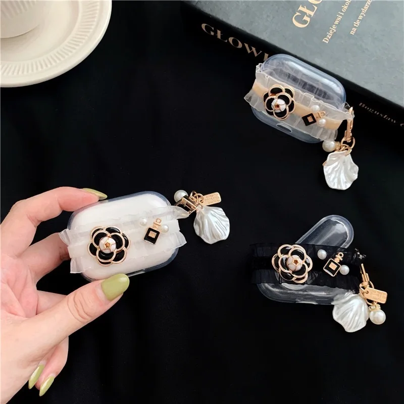 

CC Flower Flora Perfume Camellia Case Cover for Apple Airpods 12 pro Protective Headset Earphone Case with Shell Keyring