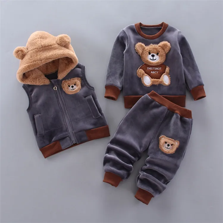 

3 Piece Thermal Baby Boy Clothing Set Velvet Pullover with Bear+Hooded Vest+Pants Kids Clothes Warm Boys Winter Outfit Girls, Pink/dark gray