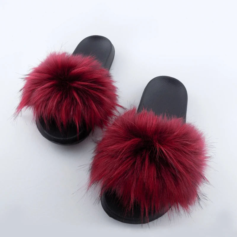 

2020 outdoor fluffy faux fur slides slippers shoes sandals, Red ,black ,green ,orange ,brown and so on