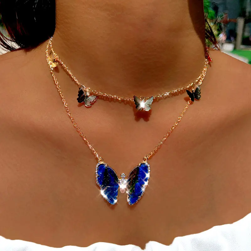 

Personality Hip Hop Jewelry Gold Silver Color Multilayer Chain Choker Blue Black Crystal Butterfly Pendant Necklace