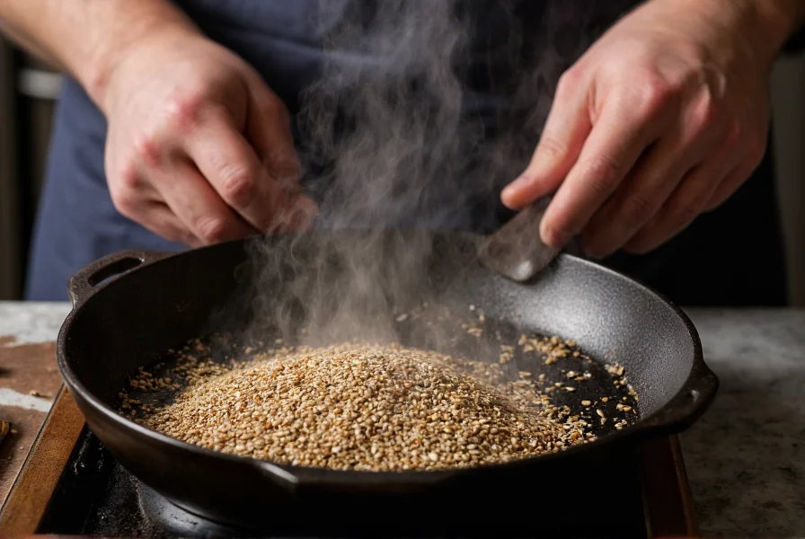 Chef's hands toasting cumin seeds in a cast iron skillet with aromatic steam rising