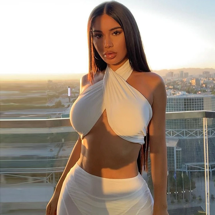 

beach club wear Sexy Ladies Backless cross Neck Sleeveless casual crop TShirt Women Plain Cropped sexy wrap top