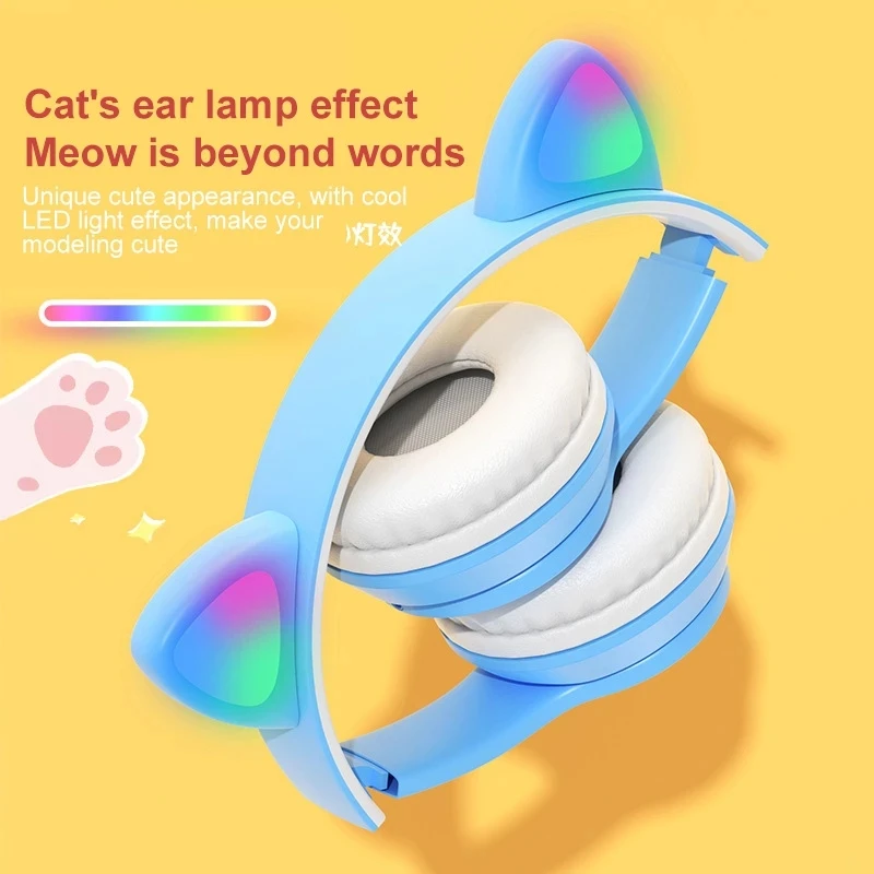 

P47 Folding Cute Cat Ear Headset Handsfree Music Stereo Bass TF Card Wireless Wired Bluetoot Foldable LED Light Headphones, Black,pink,blue,purple,green,gray