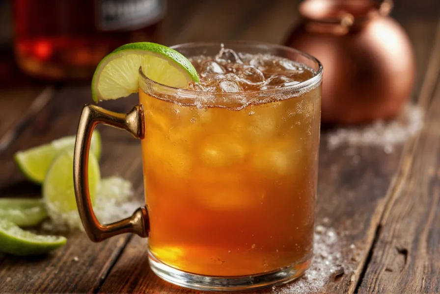 Classic whiskey buck cocktail in copper mug with lime wedge and ginger beer bubbles