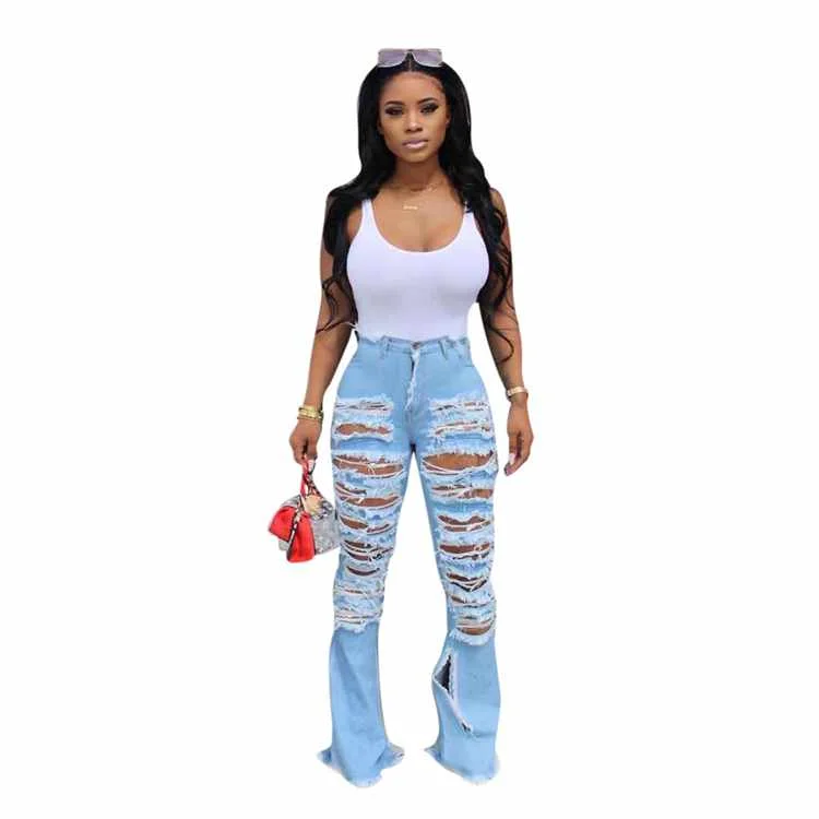 

Horn Bell Bottom Wide Leg High Waisted Ripped Personality Street Trend Horn Bell Bottom Denim Pants Jeans Women, Customized color