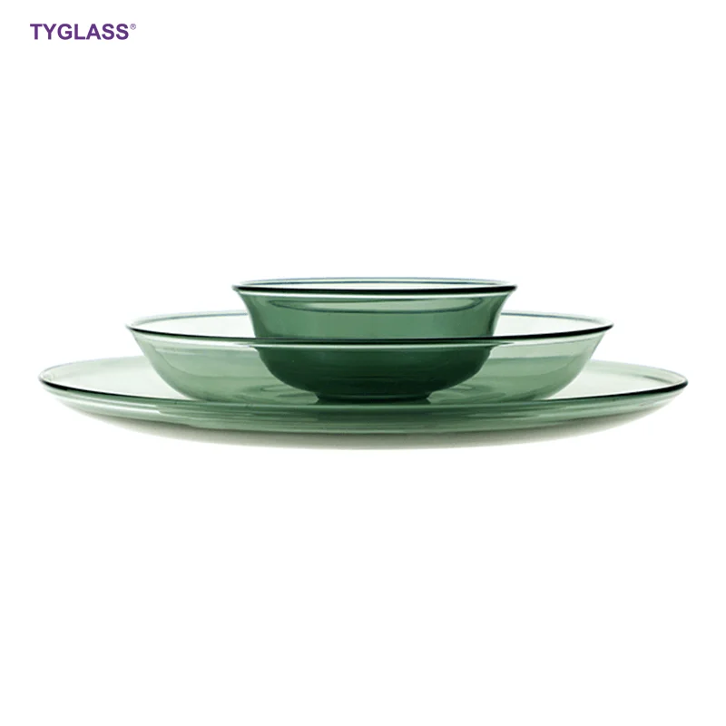 

Wholesale custom logo restaurant borosilicate environmental protection glass plate glass bowl set dinner fruit plate