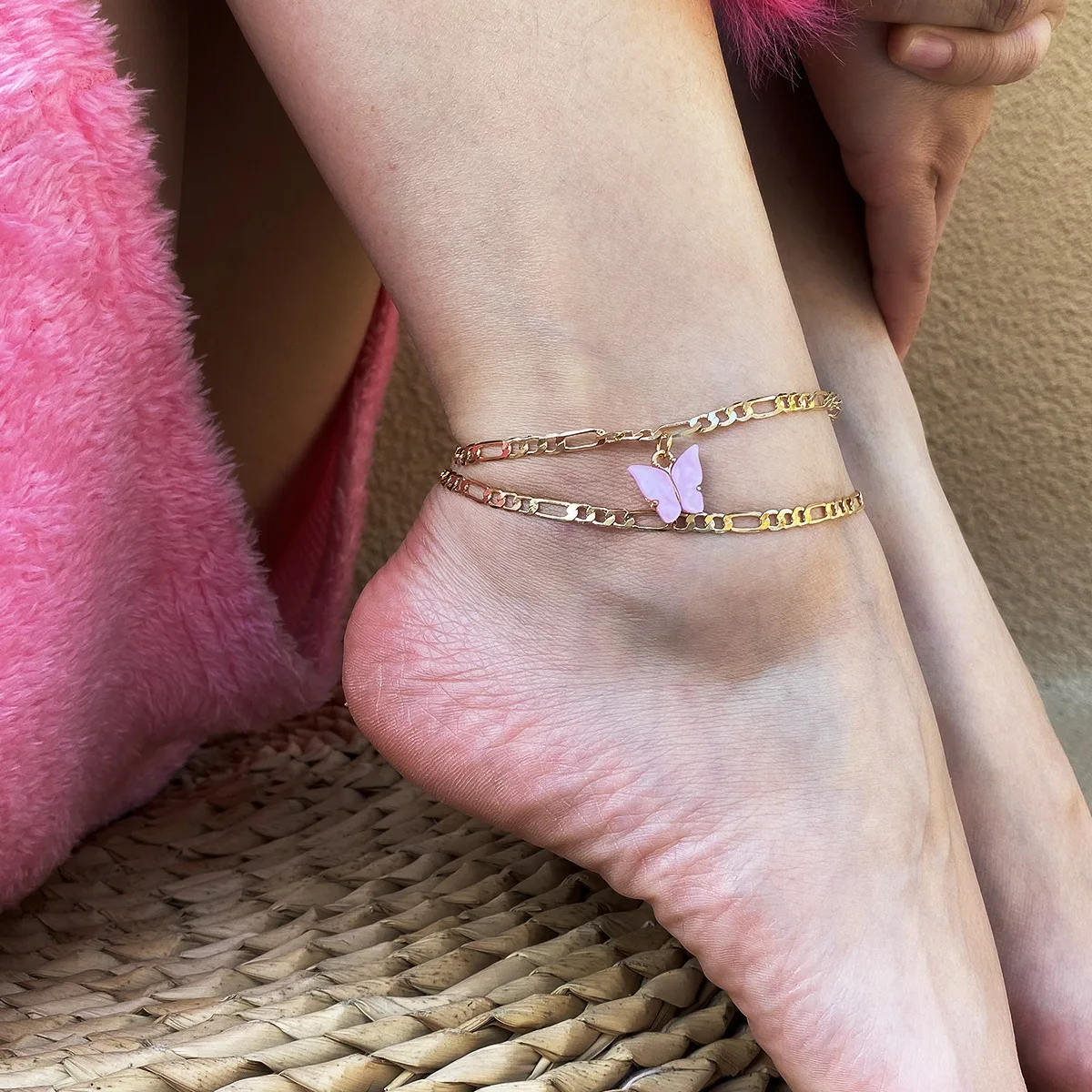 

2021 Layered Butterfly Anklet Gold Plated Jewelry Foot Wear Ankle Bracelets Cuban Link Chain Butterfly Cuban Anklets Top Selling