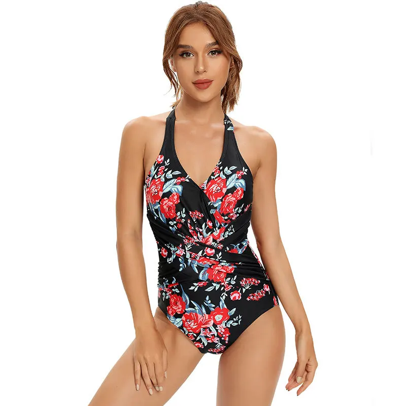 

2021 Swimwear Bodysuit Bandage Sleeveless Backless Black Floral Retro Vintage Hipster Female One Piece Swimsuit