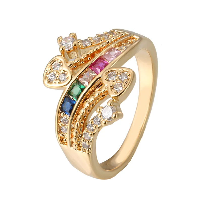 

Micro square zircon ring with double heart rainbow ring, Picture