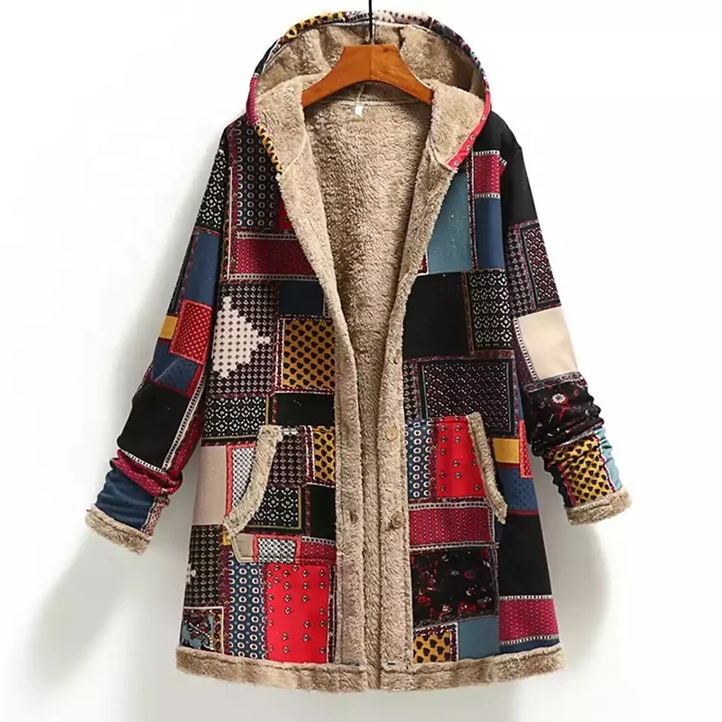 2021 Winter Vintage Women Coat Warm Printing Thick Fleece Hooded Long Jackets With Pockets Ladies Outwear Loose Coat for Women