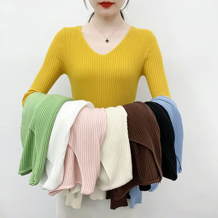 

2021 autumn and winter new Korean edition round neck sweater slim exterior wear inside match show thin solid color bottom sweate
