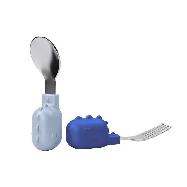

HEORSHE ready to ship blue silicone baby spoon and fork set spoon fork stainless steel for toddler self feeding, Blue,yellow,pink