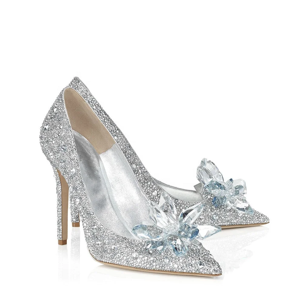 

2020 Luxury Handmade Cinderella Wedding Shoes Leather Crystal Rhinestone 9 cm Stiletto Heels Pointed Toe Wedding Pumps