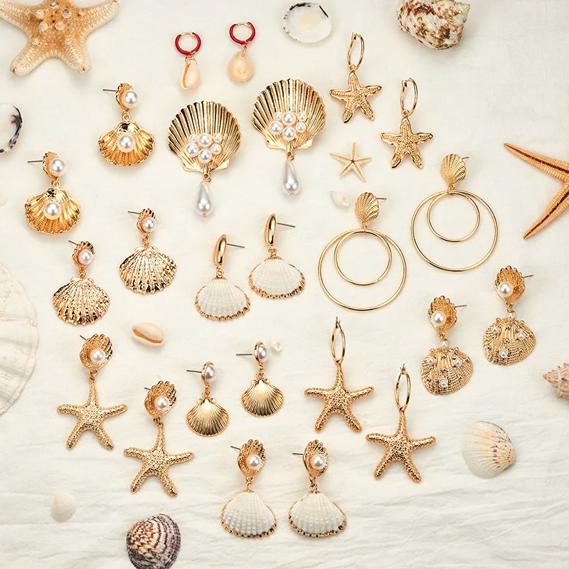 

Natural cowrie sea shell huggie drop earrings beach boho women earrings conch shell earrings