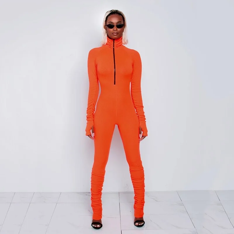

New Tight Long Sleeves Rompers Stacked Pants Jumpsuit Bodycon Wear Zipper Sexy Rompers Women Playsuits, Solid color