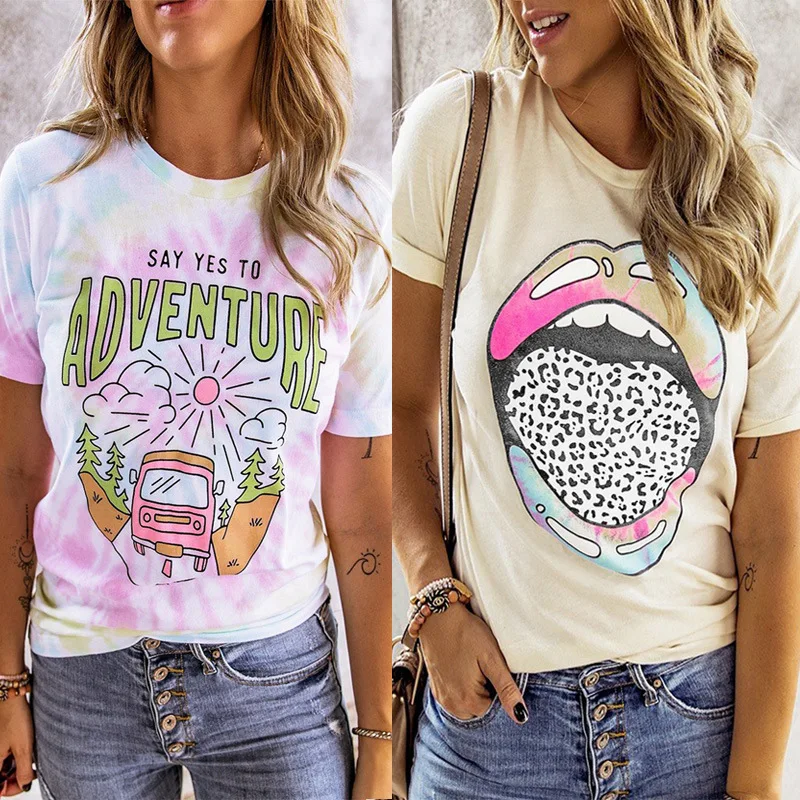 

2021 Wholesale Plus Size Crew Neck Printed Loose T-shirt For Women, White/beige