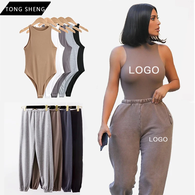 

2022 New Arrival Custom Women Summer 2 Two Piece Sweatpants Suit Set Cotton Woman Bodycon Bodysuit Jumpsuit Jogger Sets, Customized colors