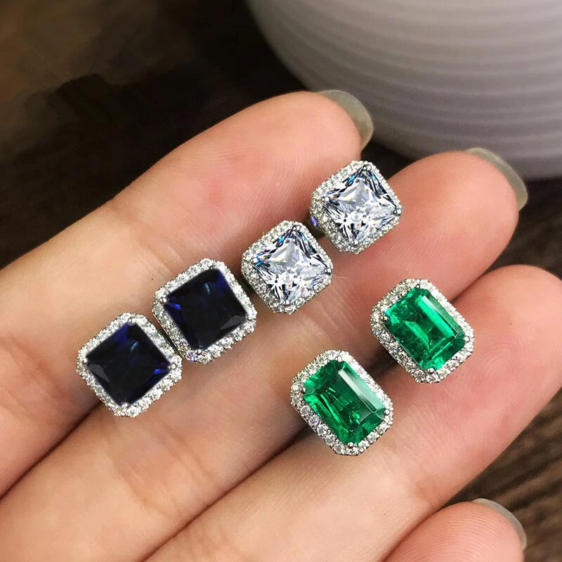 

CAOSHI 2021 Luxury Jewelry Geometric Square Green Blue White Crystal Earrings Full CZ Emerald Sapphire Stud Earrings Women