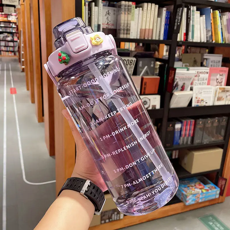 

Doyoung Wholesale Gym Fitness Sports Clear Plastic 64 oz 2l Half Gallon Motivational Water Bottle with Time Marker and Straw, Blue pink purple black green