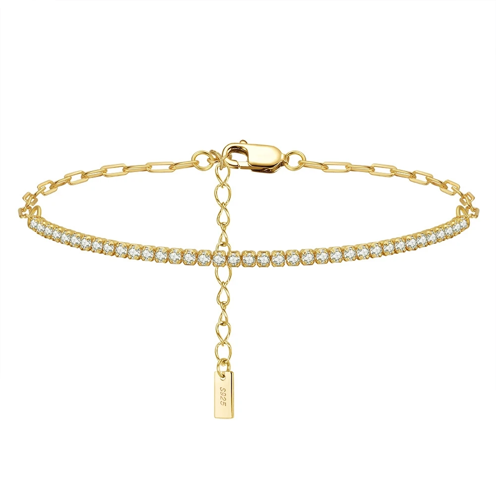 RINNTIN SB141 Wholesale 925 Silver Jewelry 925 Sterling Silver Half Paperclip Chain Half Tennis Bracelet With Cubic Zirconia