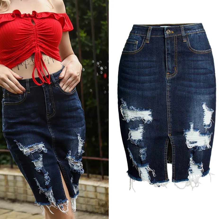 

New Design Women Knee Length Skirt High Waist Split Bodycon Faldas Jeans Ladies Denim Skirts Jupe Denim Pencil Skirt