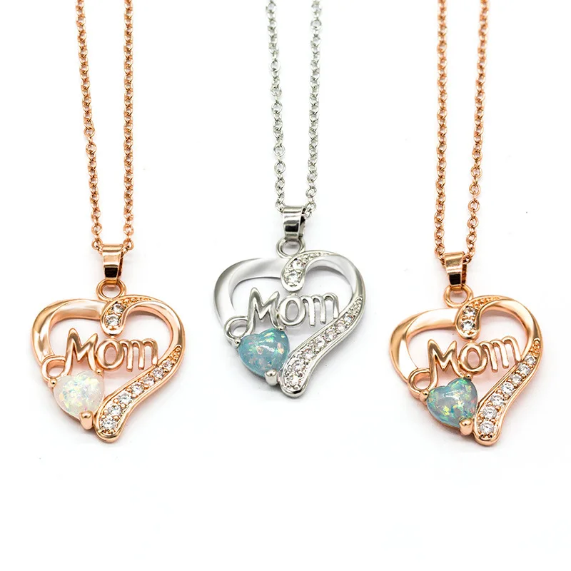 

Daihe Mother's Birthday Gift heart-shaped Opal pendant necklace I love you mom pendant Necklace, Silver& rosegold