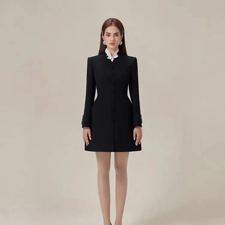 

Niche Design Vintage Stand Collar Button Elegant Black Dress Women's Clothing 2023 High Quality Commuter Short Women's Dresses