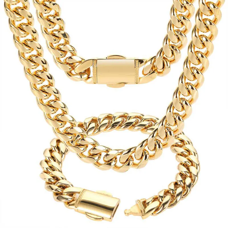 

Hip Hop Clasp Engraved Logo Cuban Link Chain Stainless Steel Miami 18k Gold Plated Cuban Necklace, Gold, steel