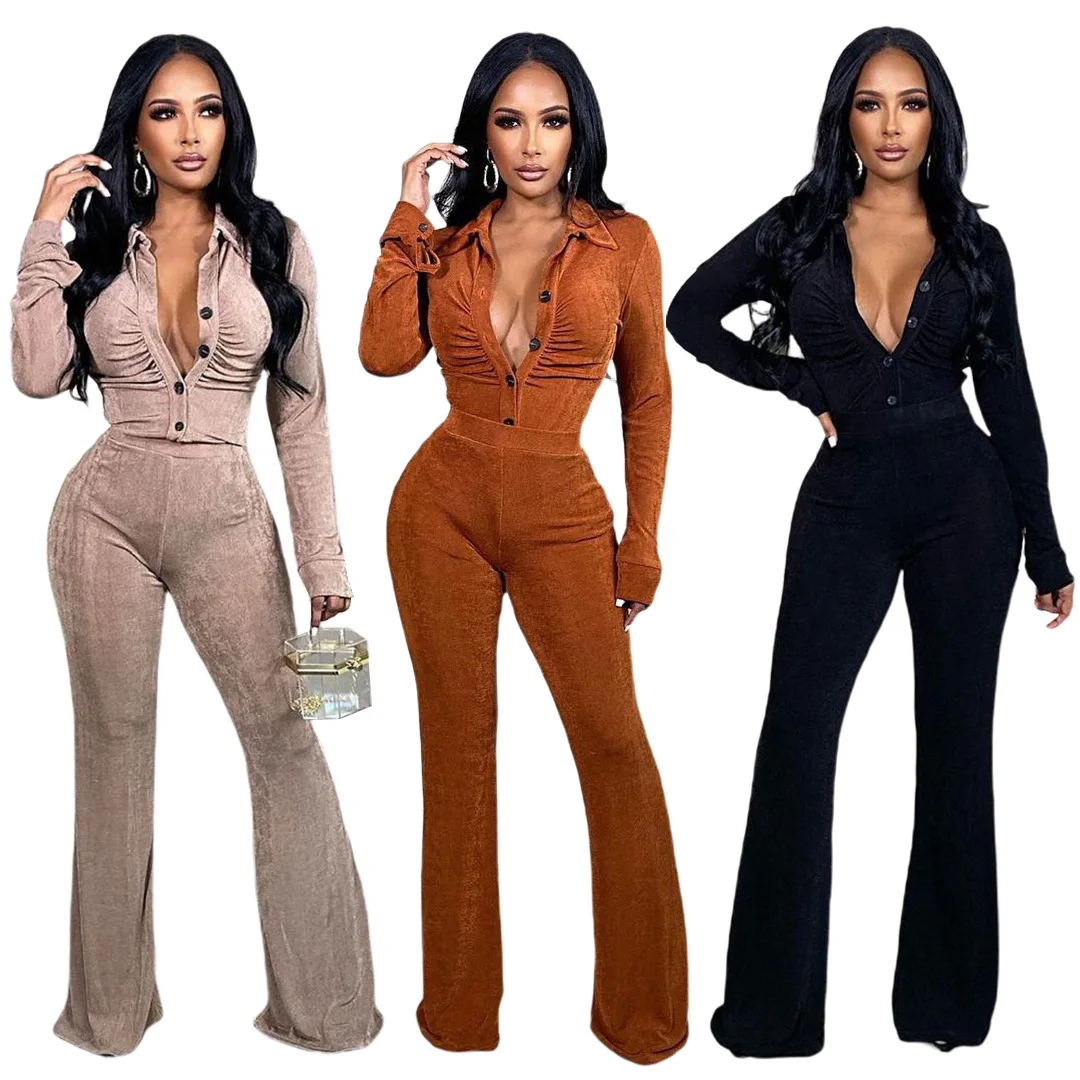 

2021 New Winter Spring Velour Casual Suit 2pc Staked Shirts And Flare Pants Suit Women Solid Custom Velvet 2 Piece Pants Set