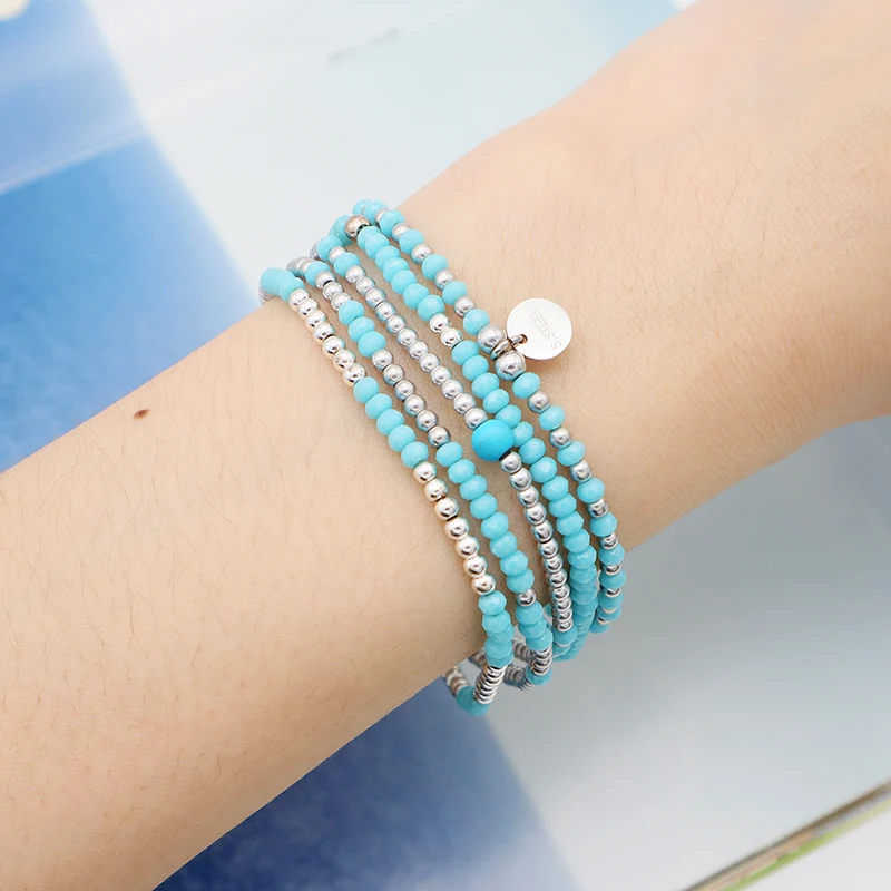 

NEW 2021 SUMMER Custom fashion women kids jewelry blue handmade glass crystal bracelets charms beaded bangle bracelet, Silver