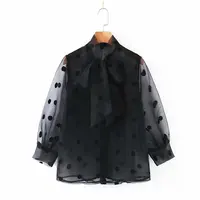 

cs232 women black organza patchwork dot blouse transparent bow tie collar three quarter sleeve shirt female chic shirts tops