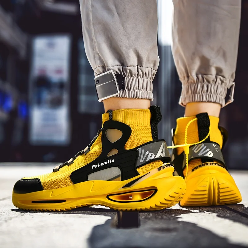 

High-quality high-top new style men's shoes with air cushion increased soles sports shoes breathable large size ultra-light OEM, Black, white,yellow