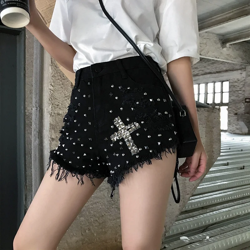 

B62524A The new 2020 high-waisted denim promotion price shorts for women, Black/white/light blue