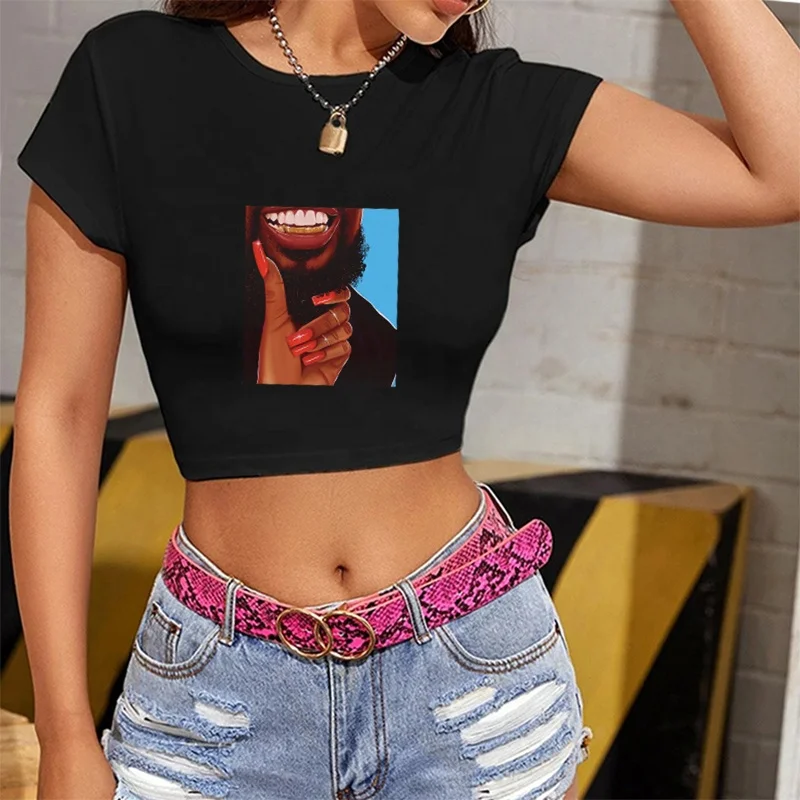 

2021 Crop Top Female Funny 100 Polyester Printed Sexy Black Women T Shirt Graphic Top Tees Slim Cropped Tshirt, Black white