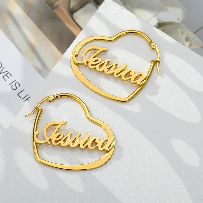Qiuhan Heart Personalized Stainless Steel 18K Gold Heart  MINI Hoop Custom Name Earrings
