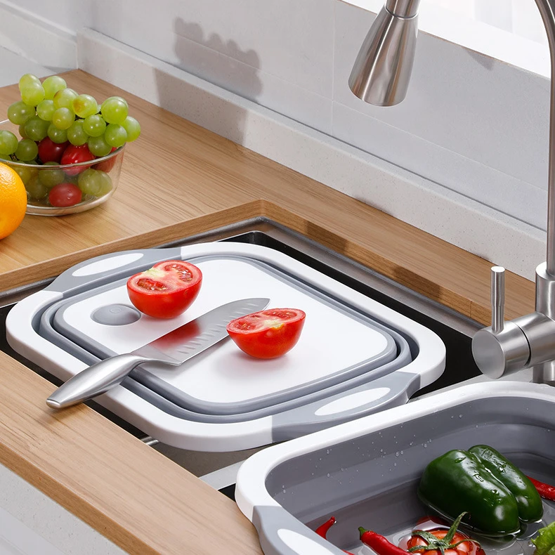 

Multi-function 3 In 1 Kitchen Chopping Board Tool Foldable Folding Drain cutting board with tray Washing Basket Kitchen Organize, Grey