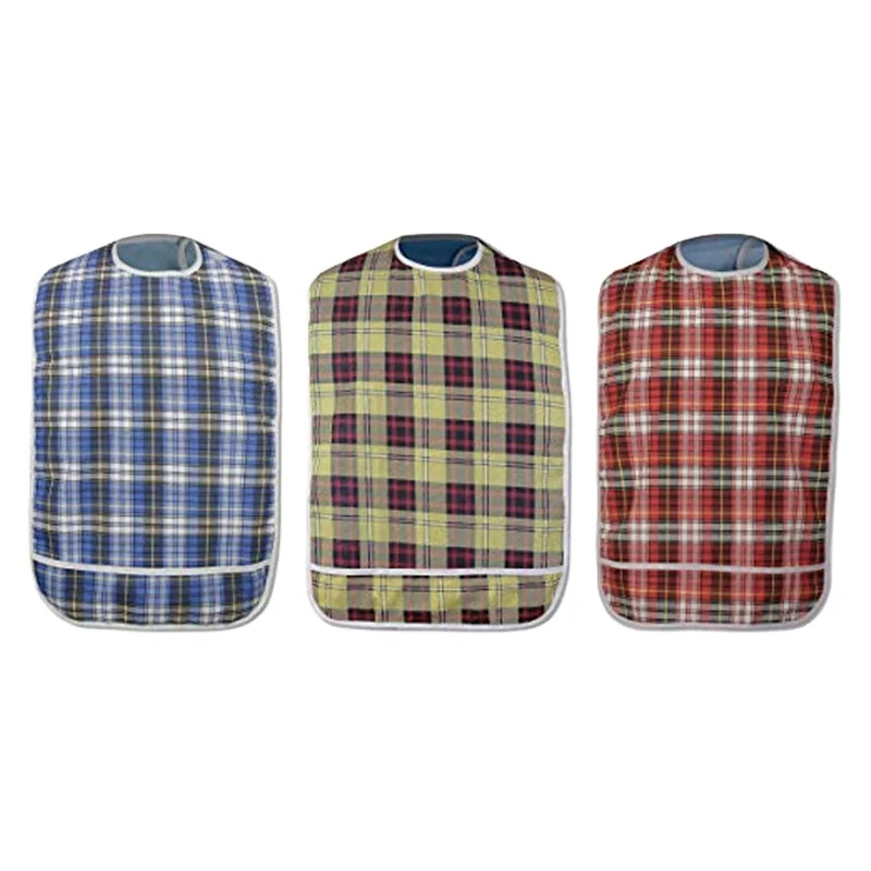 

Classic Tartan Washable Clothing Protector Adult Bib with stitched crumb catcher, Customized