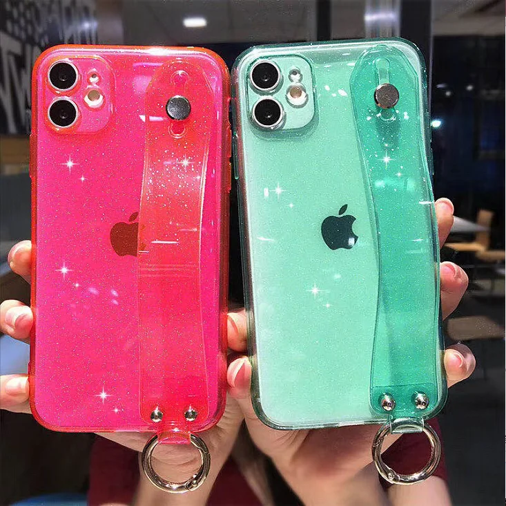 

Wrist Strap Neon TPU Phone Case for iPhone 12 Mini/12/12 Pro/12 Pro Max Clear Glitter Powder Back Cover for iPhone 8 7 6, Multi colors