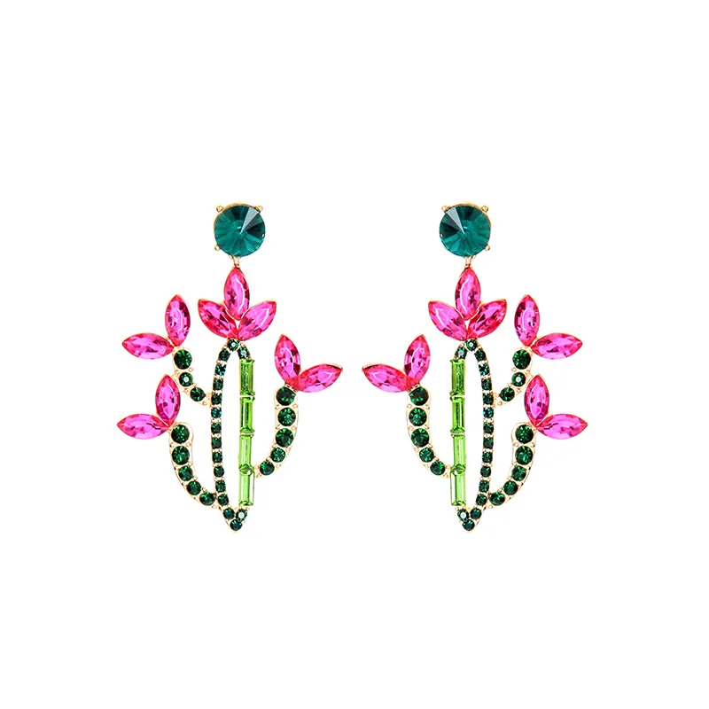 

e0855 New Design Crystal Rhinestone Jewelry Fashion Dainty Kawaii Bling Plant Cactus Trendy Flower Earrings Women 2021