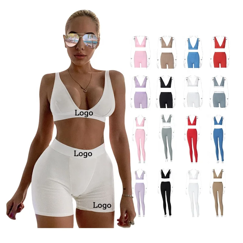 

Custom Logo Women 2022 Summer Clothing Short Outfits Ribbed Two Piece Set Lounge Wear Sets, Various colors or as customized