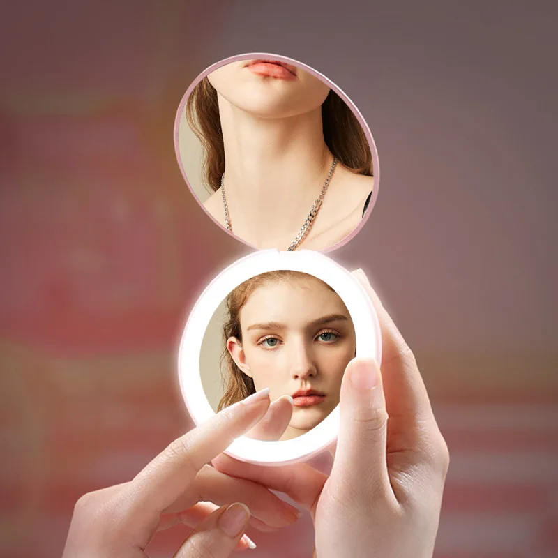 

Rechargeable Mini Round Vanity Led Mirror 5x Portable Compact Magnifying LED Makeup Mirror Duo Side Pocket Led Makeup Mirror