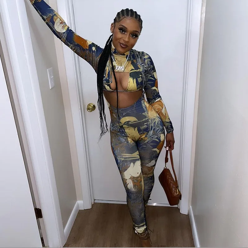 

2021 New arrivals bra with cut out long sleeve jumpsuit sexy two piece sets women club wear