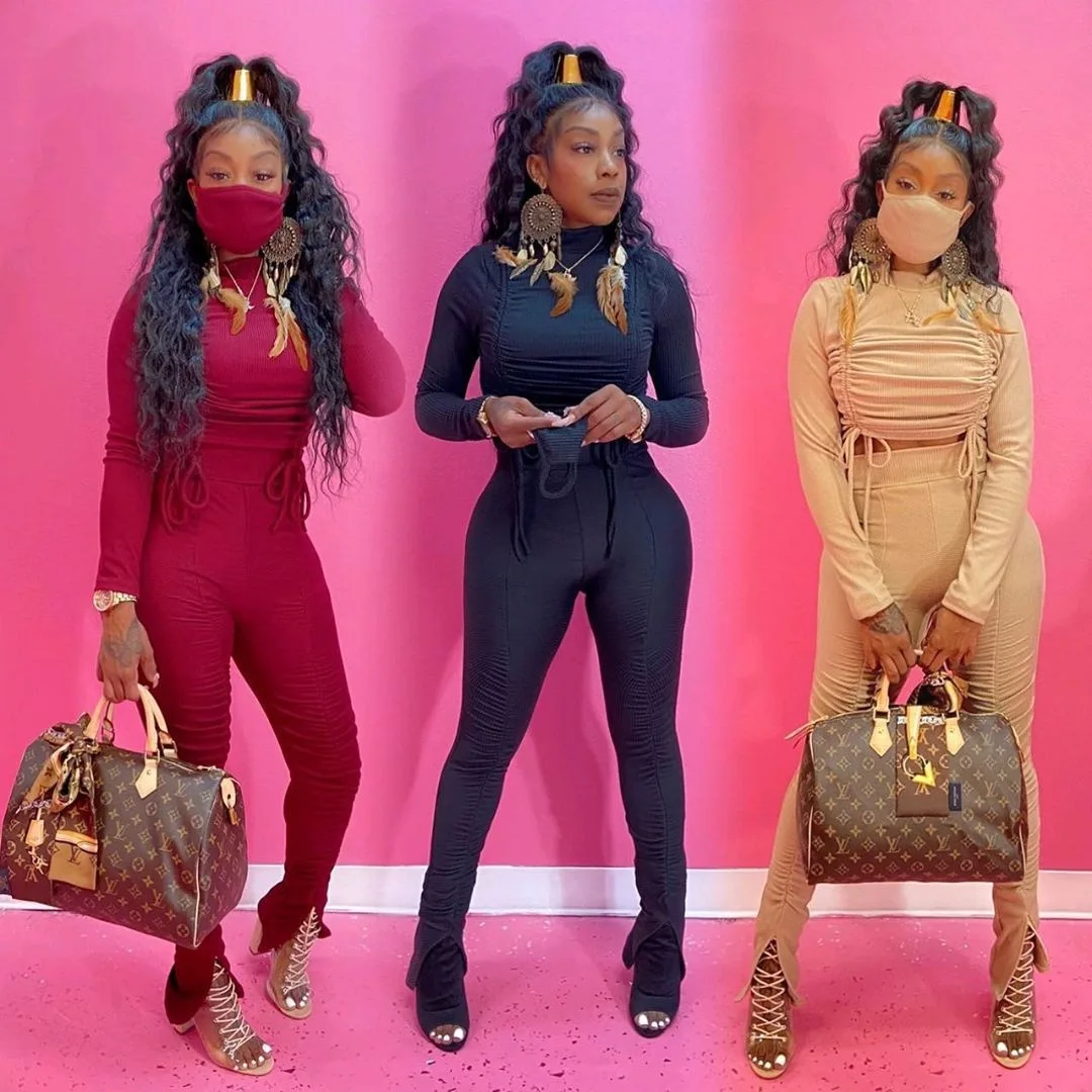 

2020 Women Winter Clothing Two Piece Pants Set Drawstring Long Sleeve Women Sweatsuit 2 Piece Set Stacked Pants Leggings