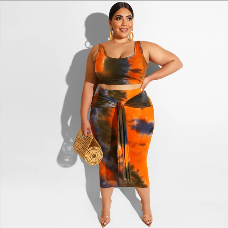 

2021 summer new style tie-dye printing tight-fitting hip fashion casual suit plus size women's two-piece suit