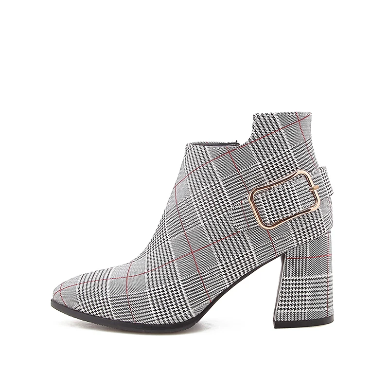 

Women's Plaid High Heeled Ankle Boots Buckle Pointed Toe Chunky Platform Zipper Dress Short Booties, Red yellow