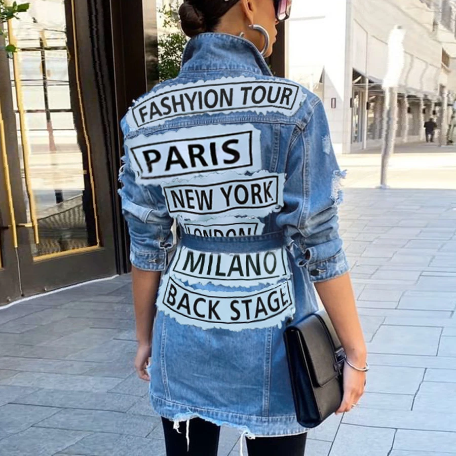 

Amazon hot sale New women letter print waist belt Denim Jacket Women Coat Casual Ripped Holes Womens Jean Jackets