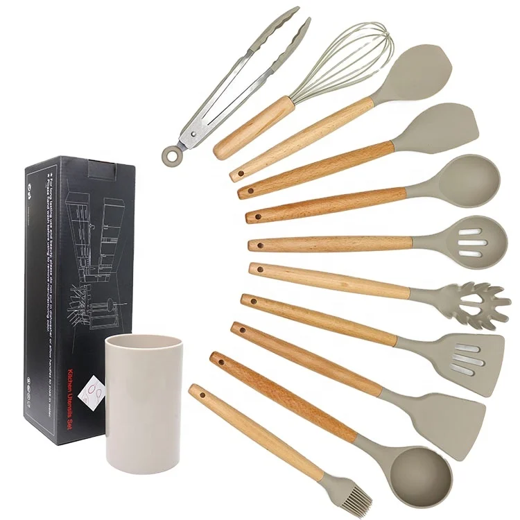 

Custom Private Label 12 Piece Kitchen Cooking Tools Natural Wooden Handle Silicone Kitchen Utensils Set with Utensil Holder, Green